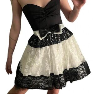 Jessica McClintock Gunne Sax Strapless Lace Tulle Satin Bow Mini Dress Sz 7 VTG